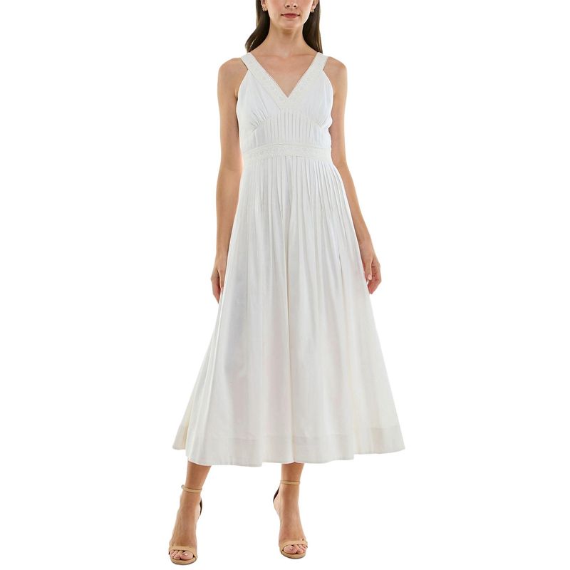 Taylor Womens V-Neck Lace-Trim Pleated A-Line Dress 12 Eggshell - Nwt